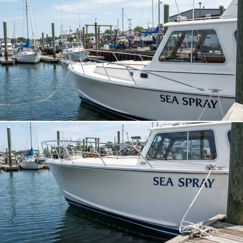 Boat hull after gelcoat restoration with a deep glossy finish