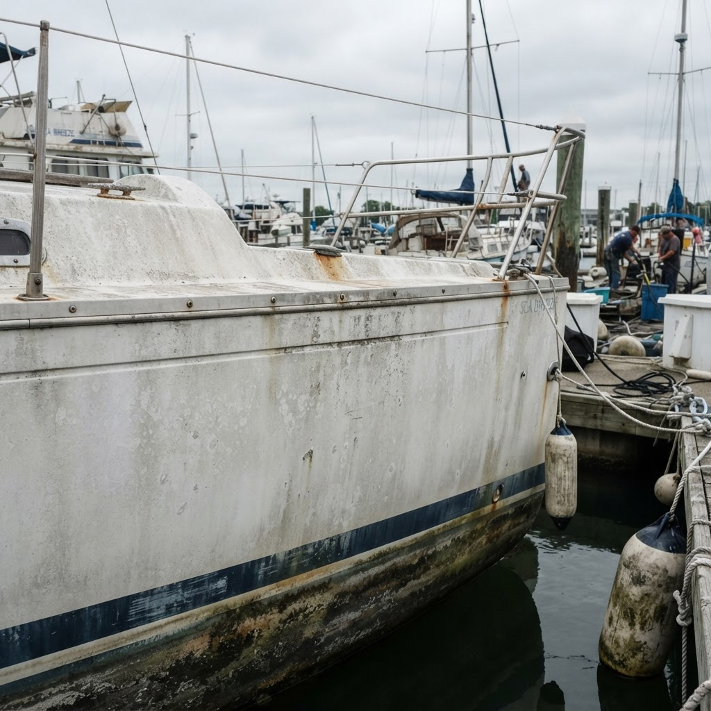 Boat hull before restoration with oxidized, faded gelcoat