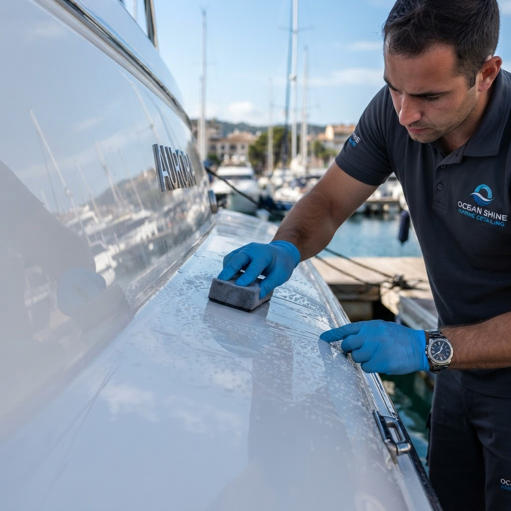 Detailer applying ceramic coating to a glossy white yacht hull