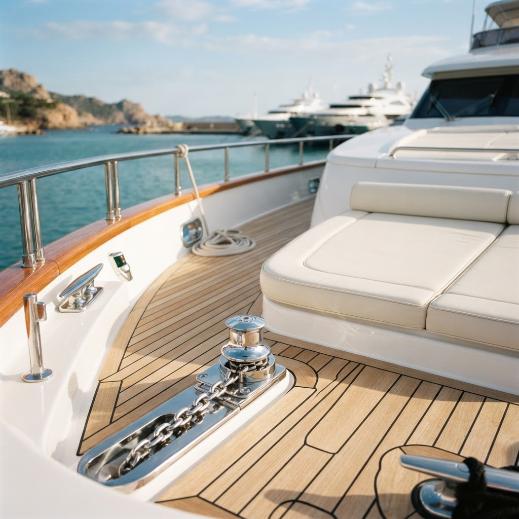 Pristine detailed yacht deck with polished hardware