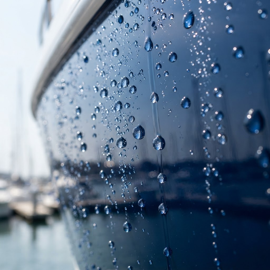 Water beading on a freshly ceramic-coated hull