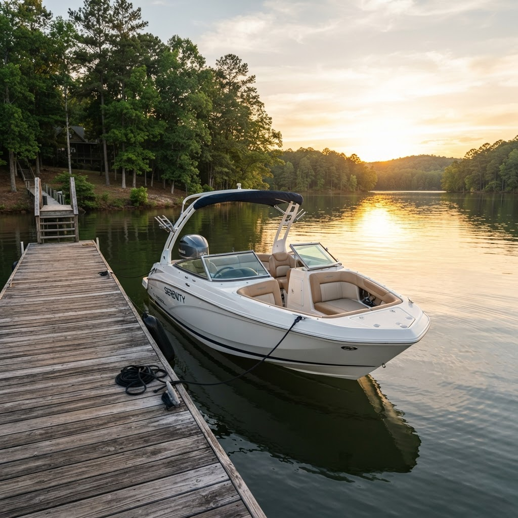 Freshly detailed boat at a lakeside dock at sunset