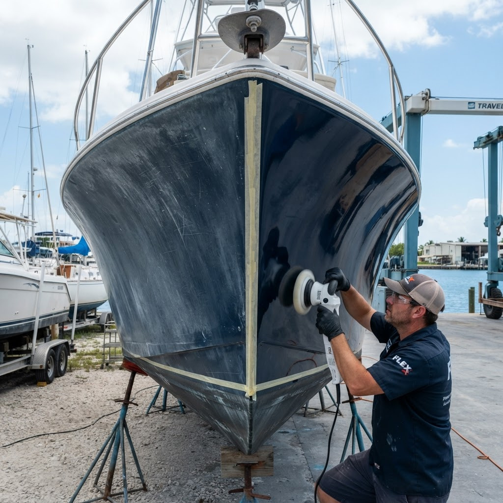 Half-restored boat hull showing the contrast of gelcoat restoration