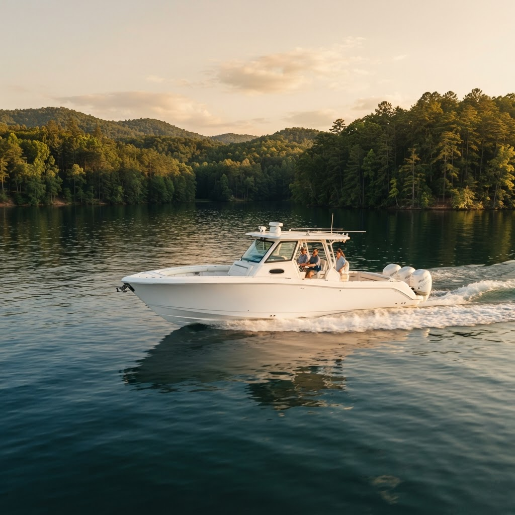 Freshly detailed luxury sport boat cruising across the lake at golden hour